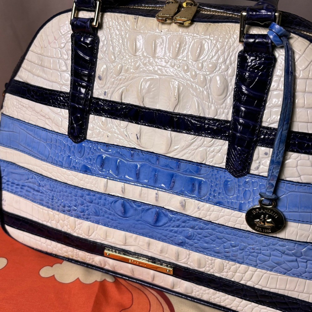 Brahmin Vineyard Croc Embossed Leather Satchel White Nautical Bag luxury Purse - Picture 2 of 16